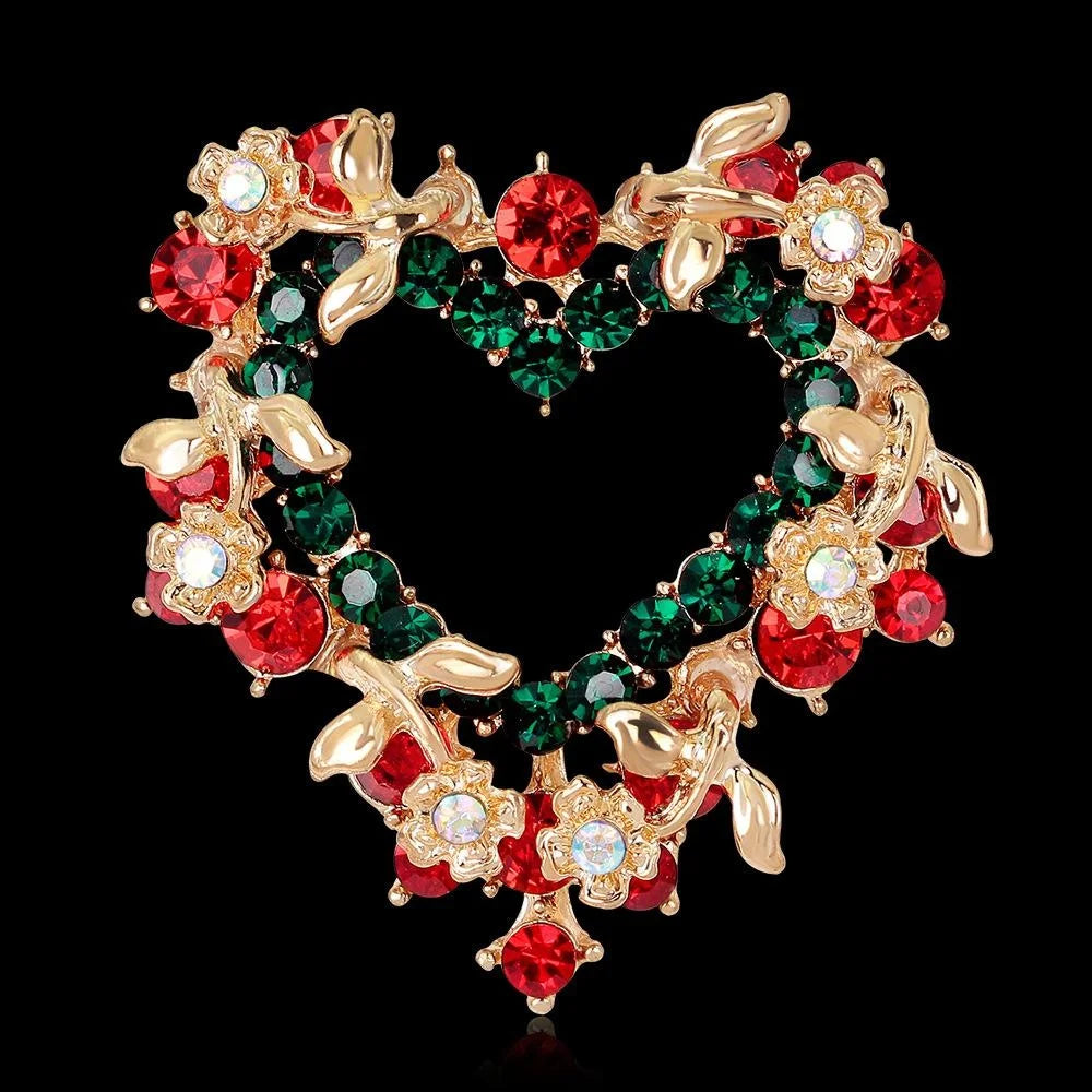 Elegant Christmas Heart Wreath Rhinestone Alloy Brooch, Red Green Floral Lapel Pin Corsage Gift