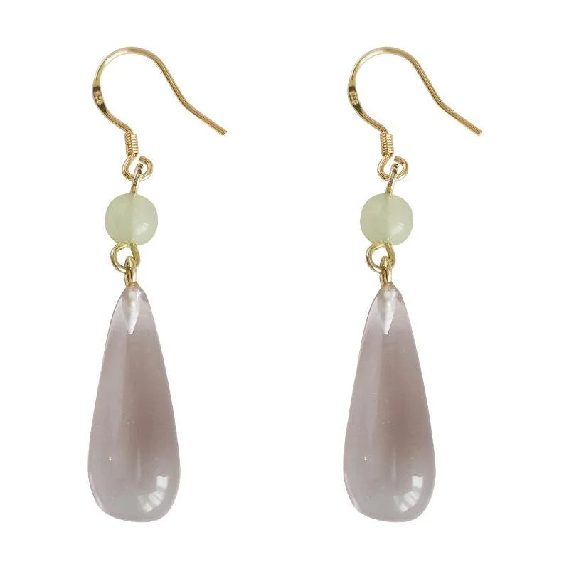 Handmade Vintage Court Style Silver Plated Copper Pink Transparent Teardrop Drop Earrings
