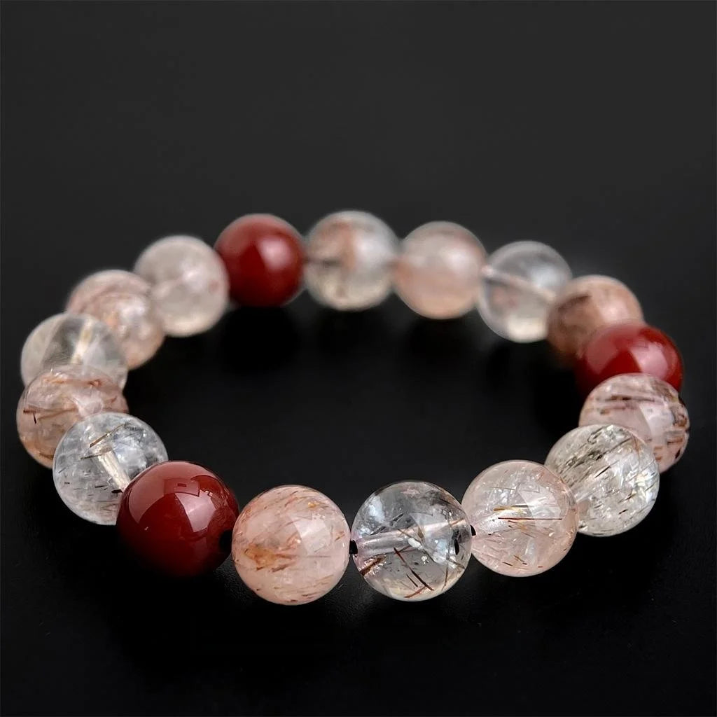 Natural Stone Red Rutilated Quartz Crystal Beaded Bracelet New Chinese Ethnic Geometric Designer Style