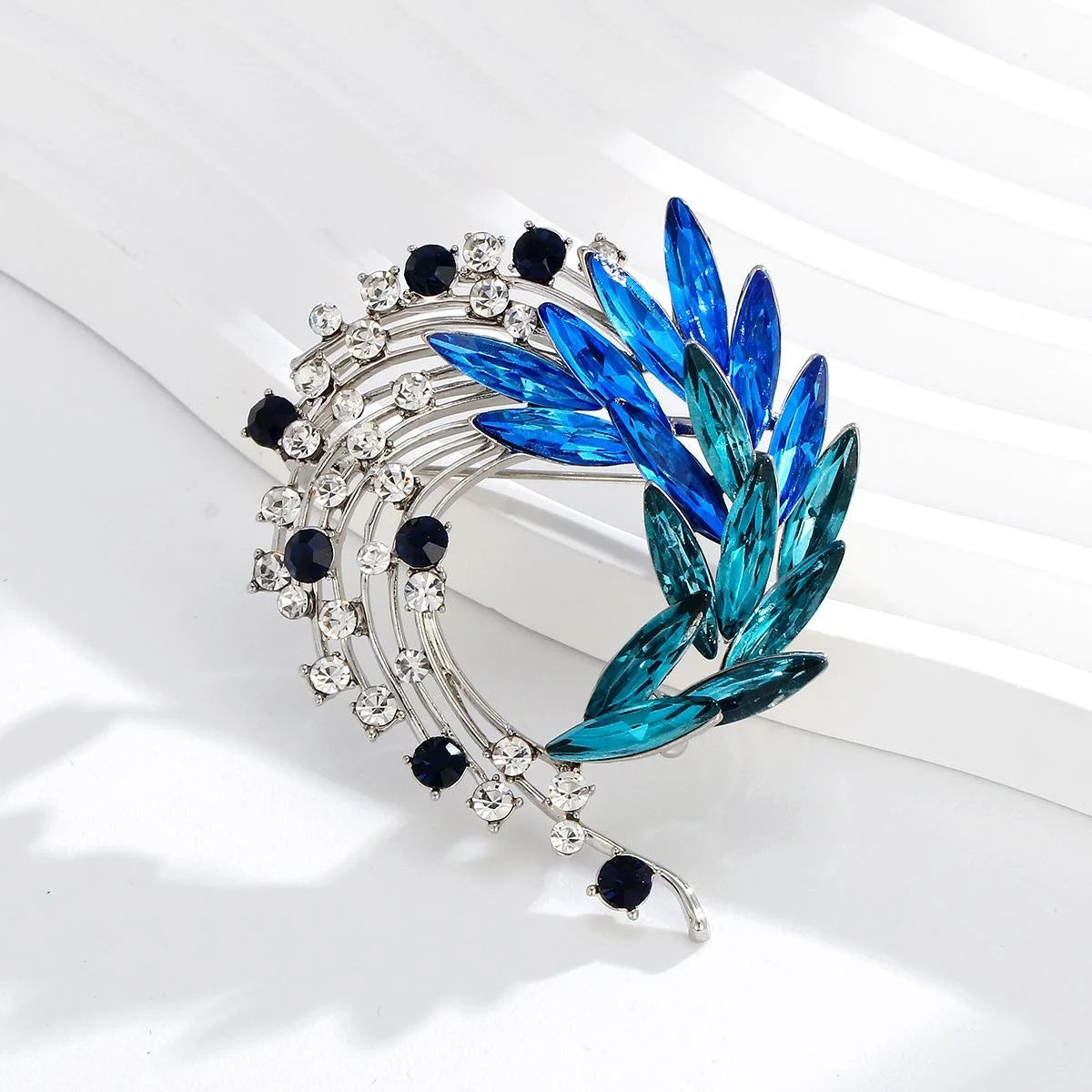 Luxury Blue Crystal Feather Flower Brooch With Rhinestones, Elegant Women's Lapel Pin Suit Accessory Gift