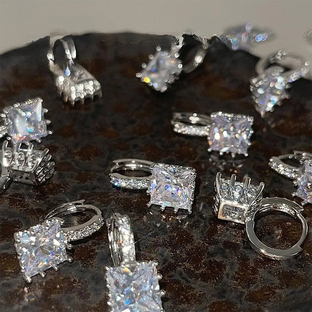 Sparkling Square Geometric Zircon Copper Drop Earrings Minimalist Commuter Fashion Jewelry