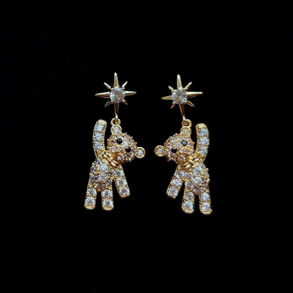 14K Gold Plated Copper Micro Pave Zircon Bear Stud Earrings For Women Luxury Minimalist Jewelry