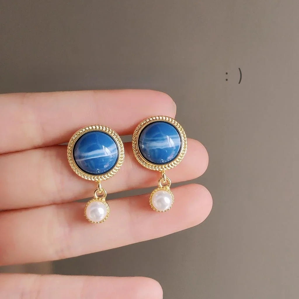 French Vintage 14K Plated Copper Pearl Geometric Round Drop Earrings For Women