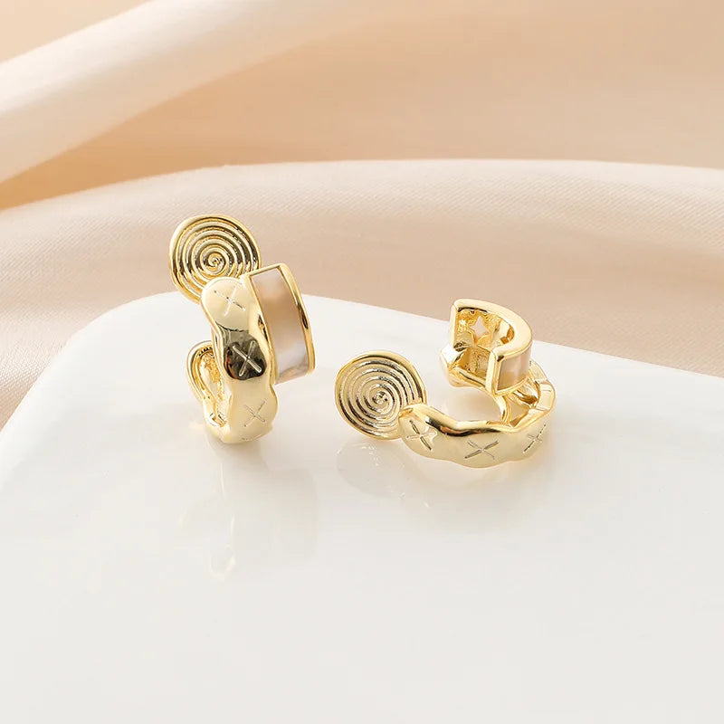 Elegant Gold Alloy Quilted C Hoop Spiral Disc Shell Double Layer Stud & Clip On No Piercing Earrings