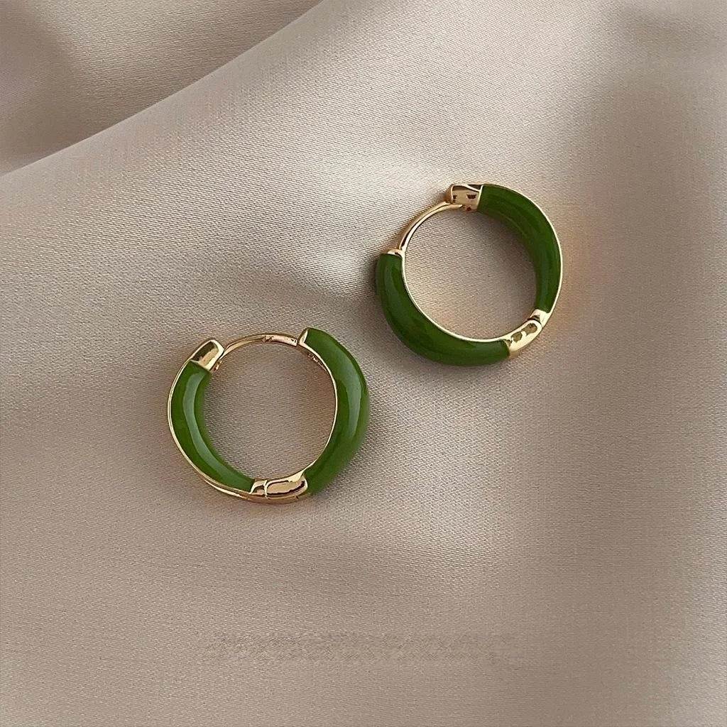 French Vintage Green Enamel Copper Hollow Round Hoop Stud Earrings Minimalist Geometric Jewelry