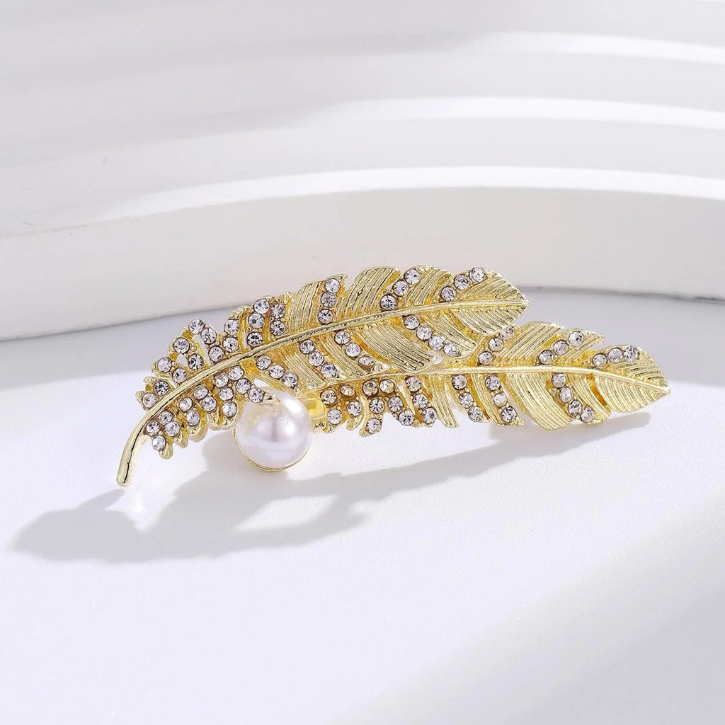 Elegant Gold Feather Leaf Brooch With Pearl And Rhinestone, Luxury Women's Lapel Pin Suit Accessory