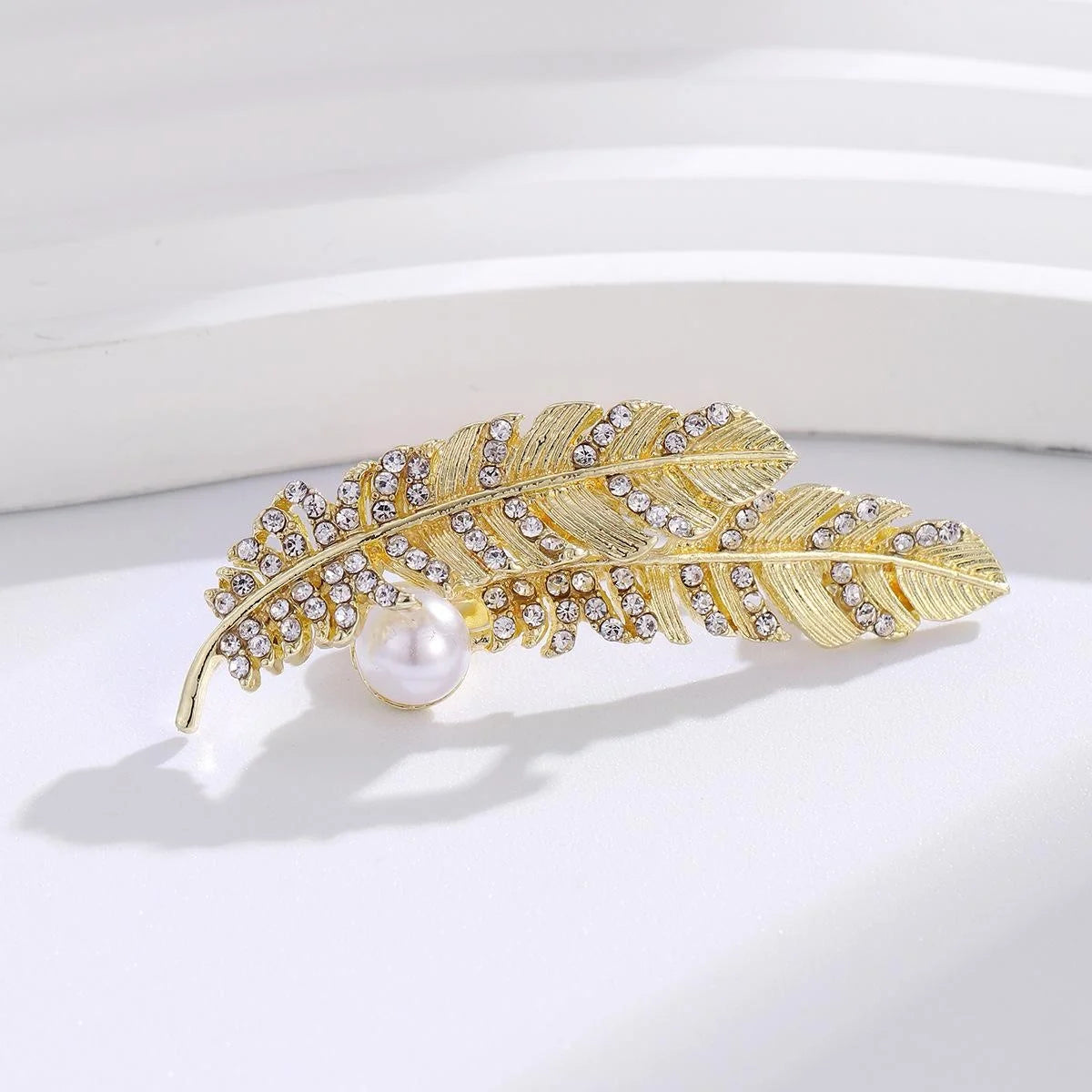 Elegant Gold Feather Leaf Brooch With Pearl And Rhinestone, Luxury Women's Lapel Pin Suit Accessory