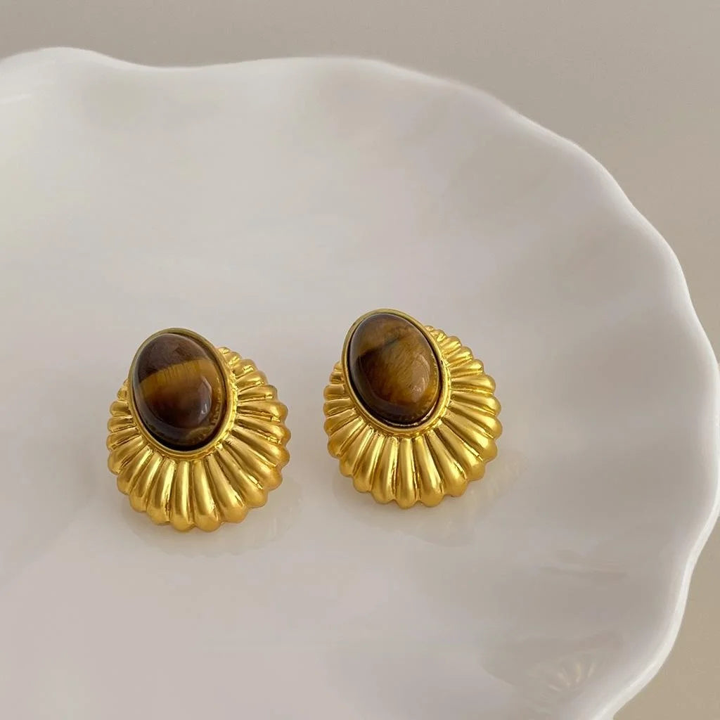 Vintage Tiger Eye Natural Stone Geometric Drop Earrings 14K Gold Plated Copper Ethnic Style