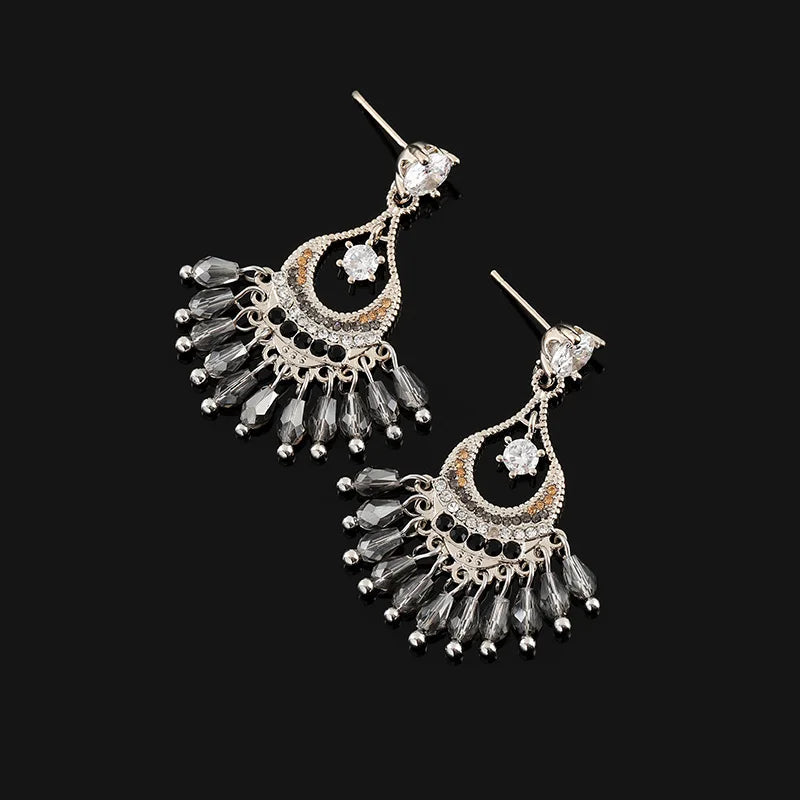 Vintage Ethnic Crescent Grey Crystal Tassel Chandelier Stud & Clip On No Piercing Earrings