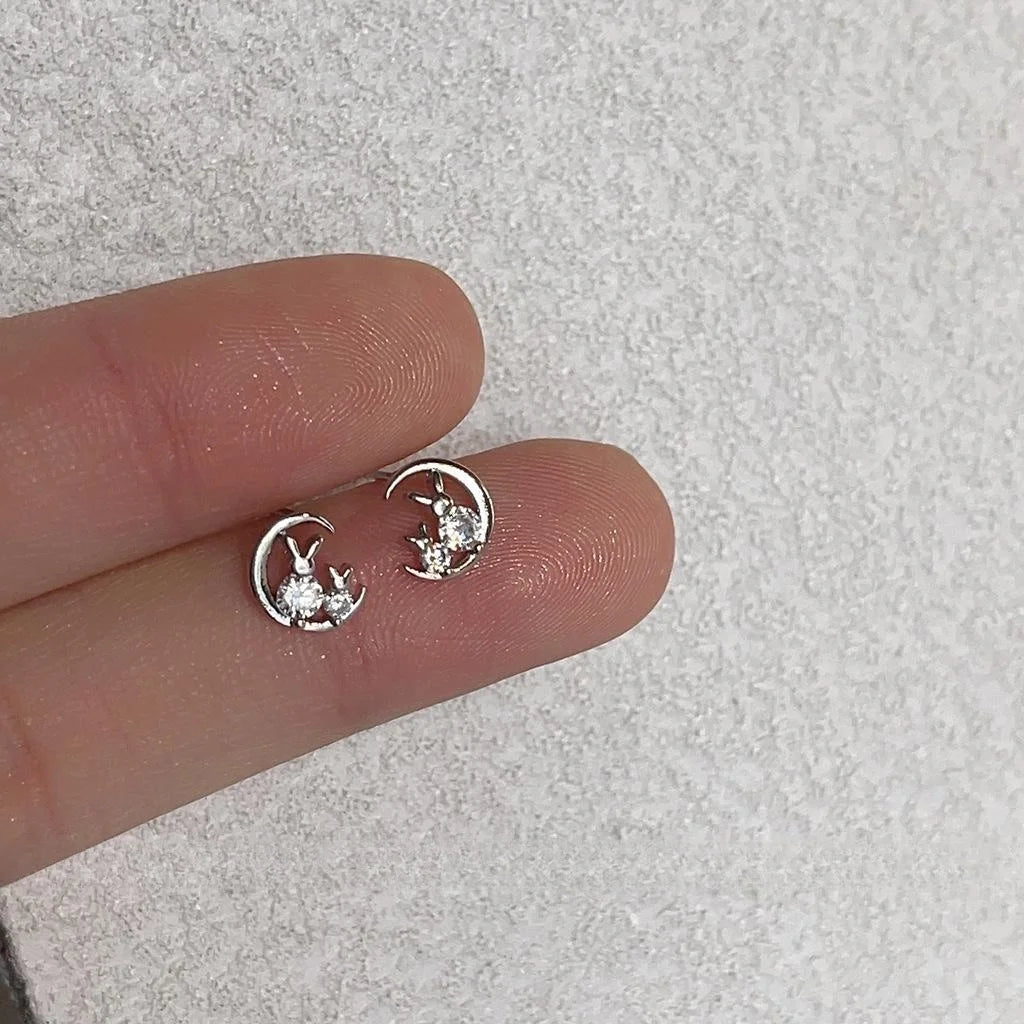 Cute Mini Moon Rabbit Micro Pave Zircon Stud Earrings Silver Tone Copper Sweet Cool Animal Jewelry