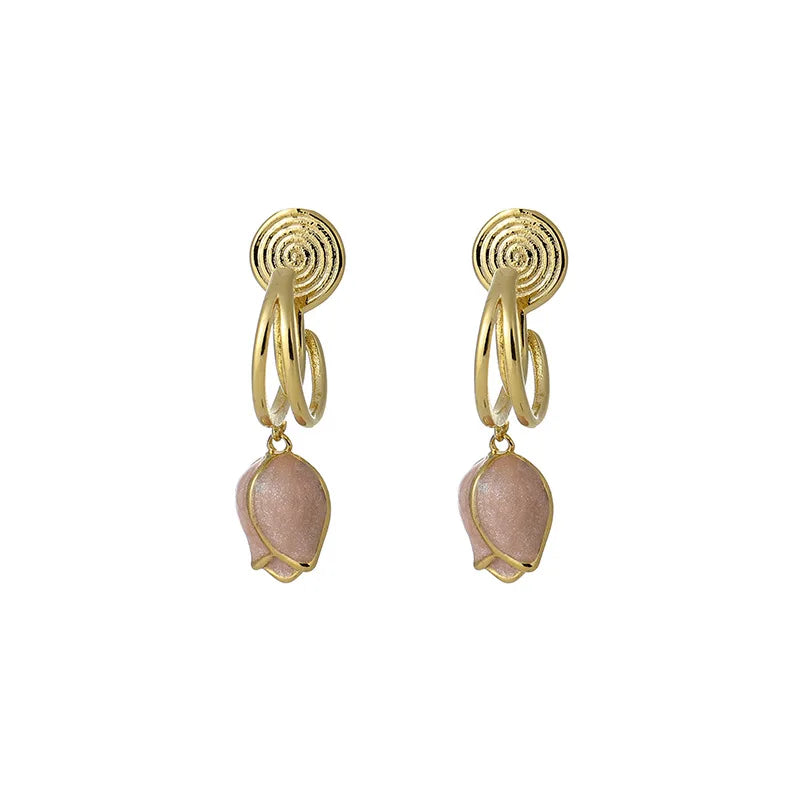 Elegant Pink Enamel Rose Flower Alloy Drop Stud & Clip On No Piercing Spiral Disc Dangle Earrings