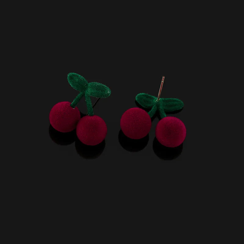 Sweet Flocked Cherry Fruit Stud & Clip On No Piercing Cute Winter Velvet Drop Earrings