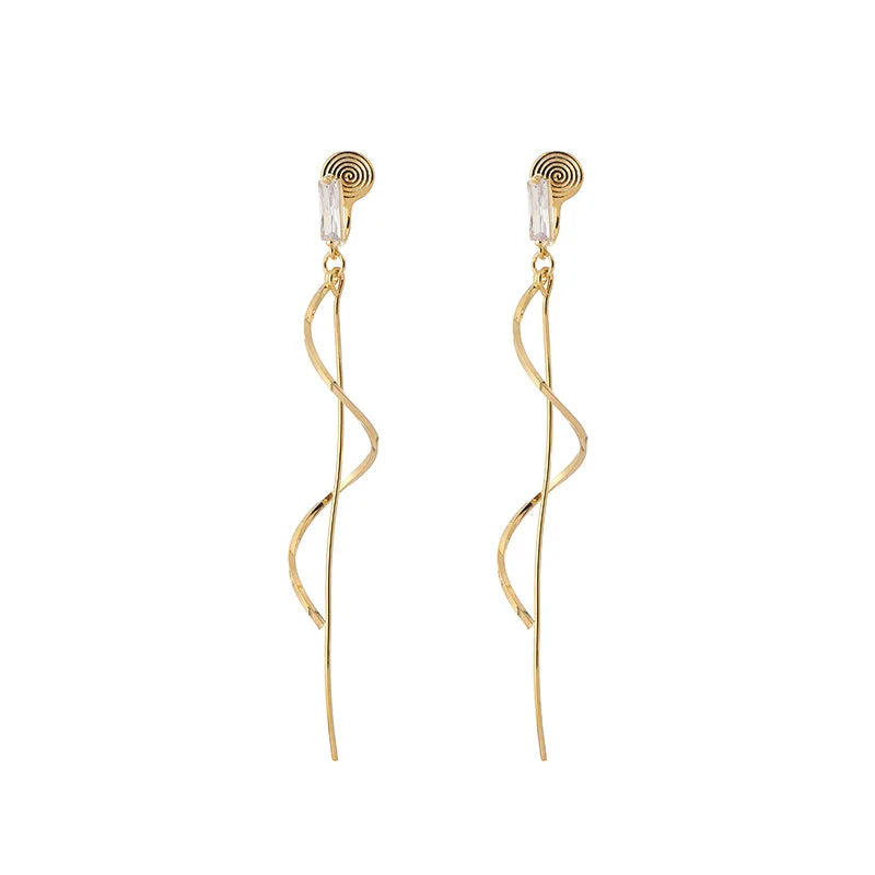 Elegant Gold Alloy Spiral Line Tassel Drop Stud & Clip On No Piercing Zircon Long Face Slimming Earrings