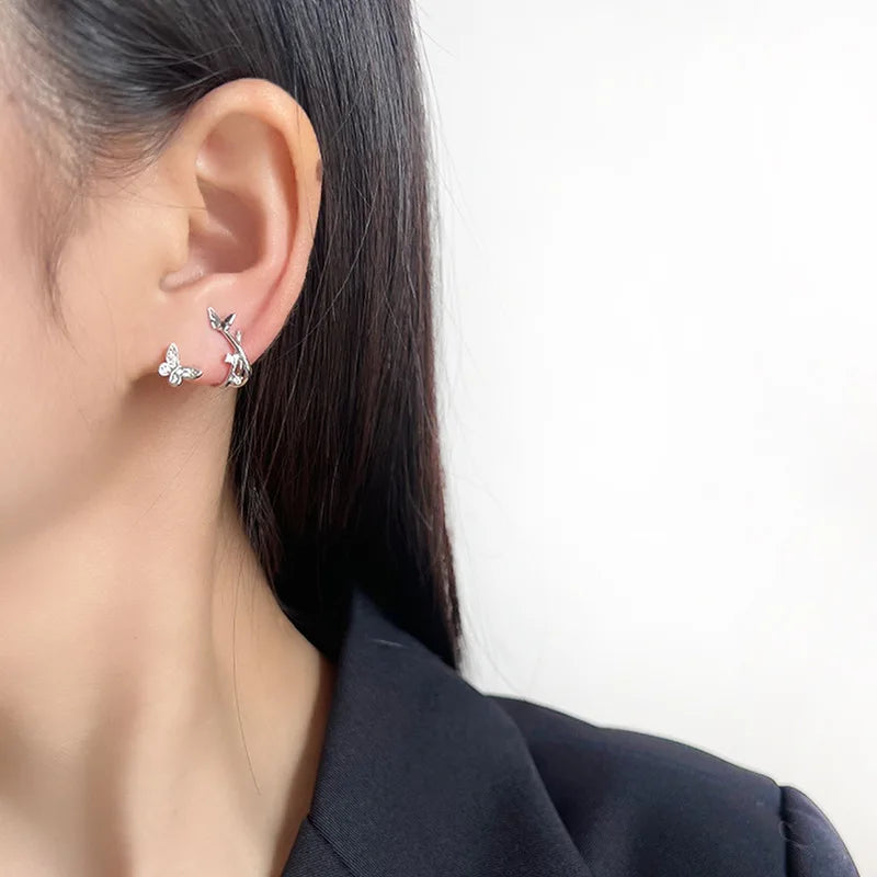 Elegant Double Butterfly Spiral Alloy Zircon Stud & Clip On No Piercing Luxury Women's Earrings
