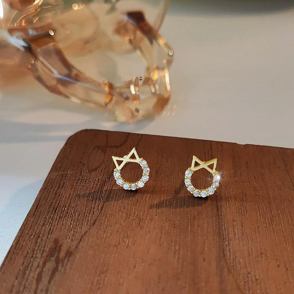 14K Gold Plated Copper Cat Head Stud Earrings Micro Pave Zircon Korean Japanese Mini Jewelry
