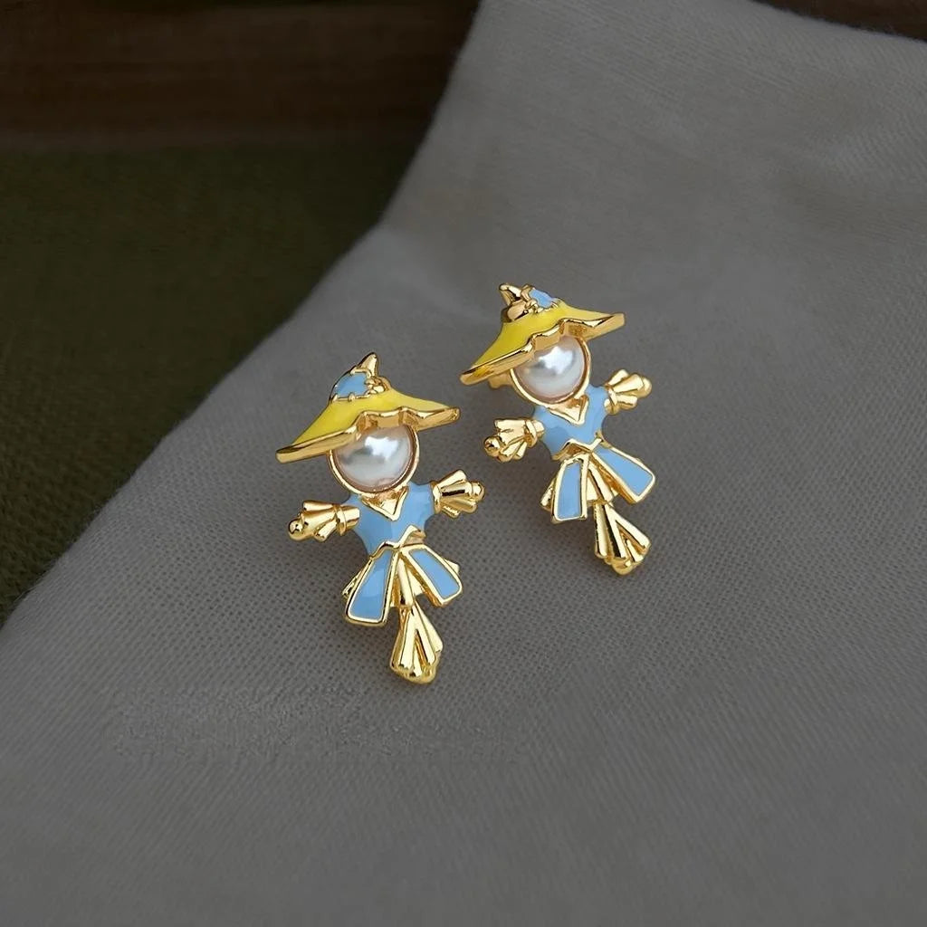 Niche Style Copper High Gloss Pearl Scarecrow Doll Enamel Hand Painted Stud Earrings