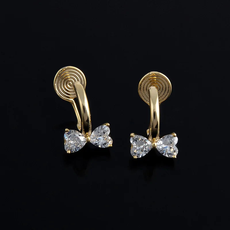 Elegant Gold Alloy Zircon Bow Hoop With Spiral Disc Stud & Clip On No Piercing Women's Fashion Earrings