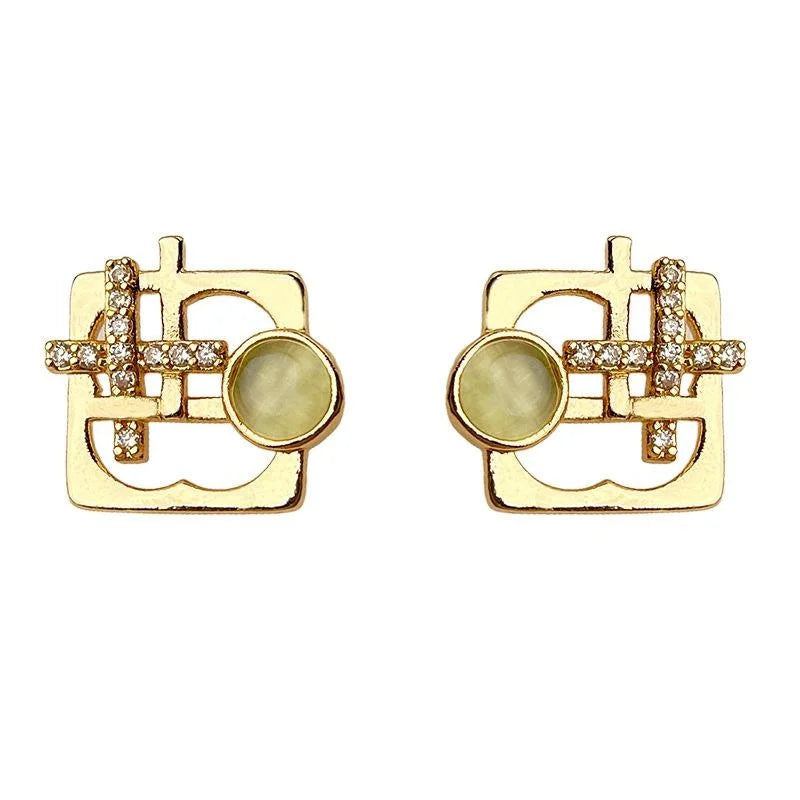 Light Luxury Geometric Glass Cat Eye Micro Pave Zircon Copper Stud Earrings