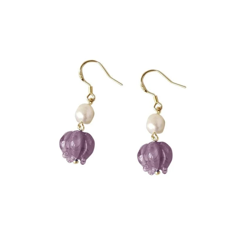 Vintage Chinese Style Freshwater Pearl Glazed Glass Lotus Flower Tassel Drop Earrings