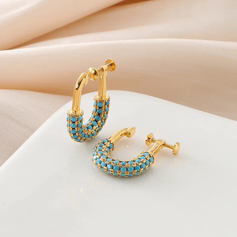 Elegant Turquoise Beaded U Shape Lock Gold Alloy Hoop Stud & Clip On No Piercing For Women Earrings
