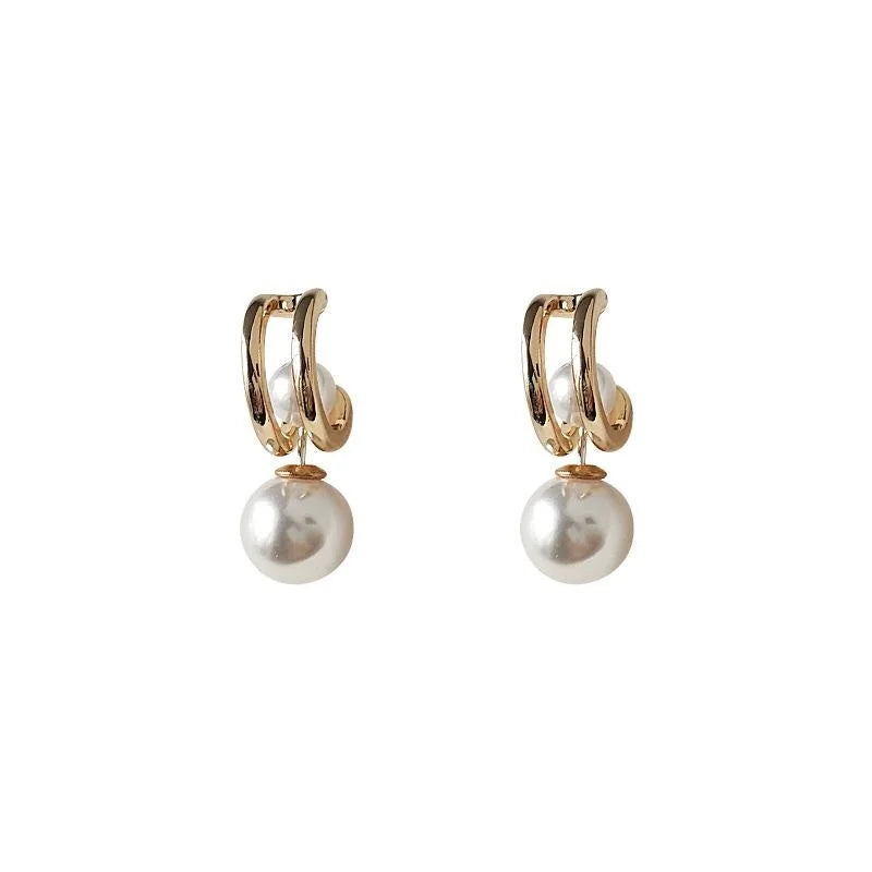 French Vintage Copper Pearl C-Shaped Hoop Earrings Light Luxury Geometric Metal Earrings
