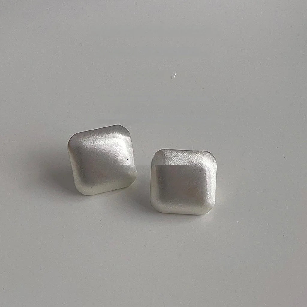 Brushed Silver Tone Geometric Square Stud Earrings Minimalist Premium Metal Ear Jewelry