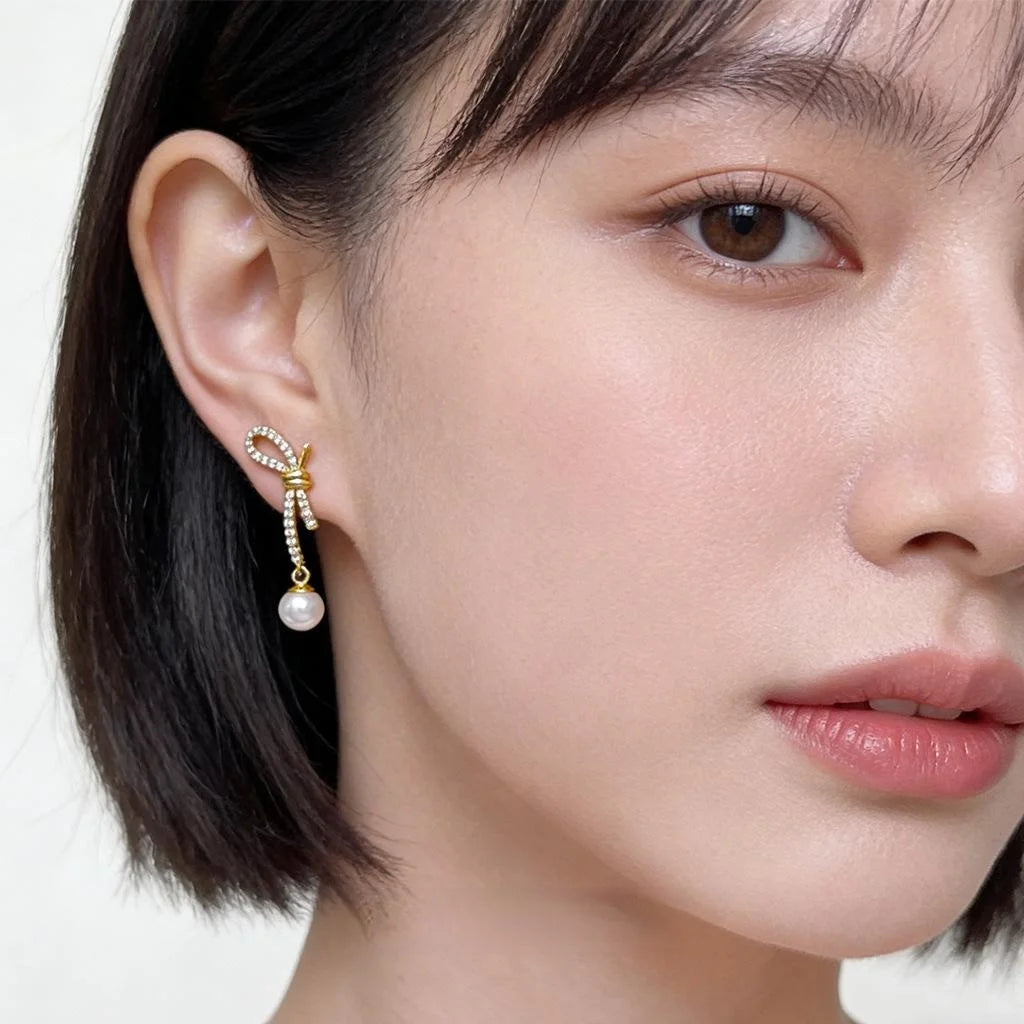 Sweet Bow Knot Drop Earrings With Zircon, Pearl, Hollow Geometric Copper Jewelry