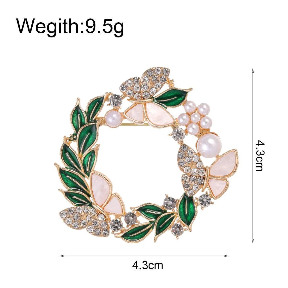Elegant Green Enamel Leaf Wreath Butterfly Brooch With Rhinestones And Faux Mother Of Pearl Lapel Pin Gift