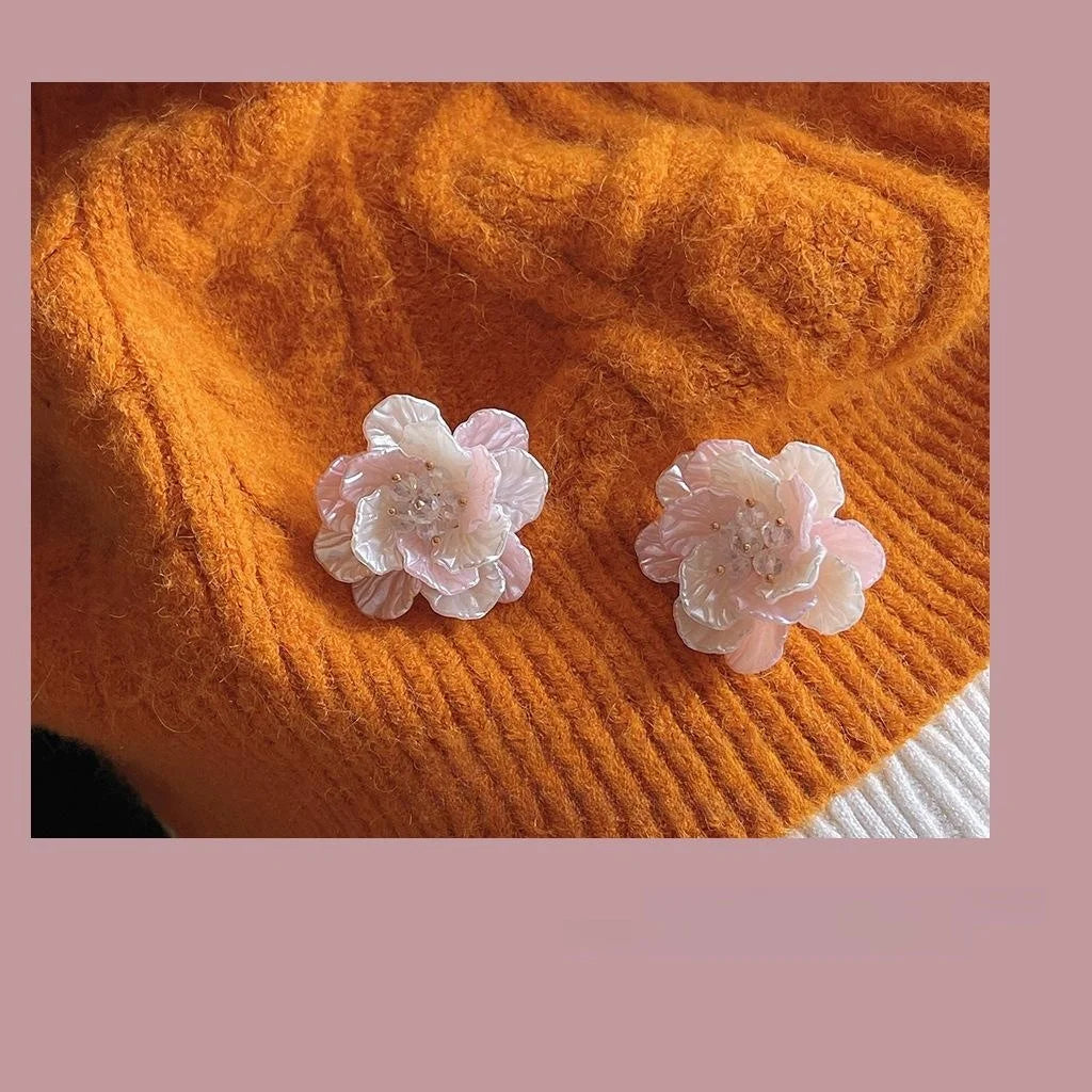 Cute Pink Acrylic 3D Flower Petal Stud Earrings With Silver Plated Pins For Street Style