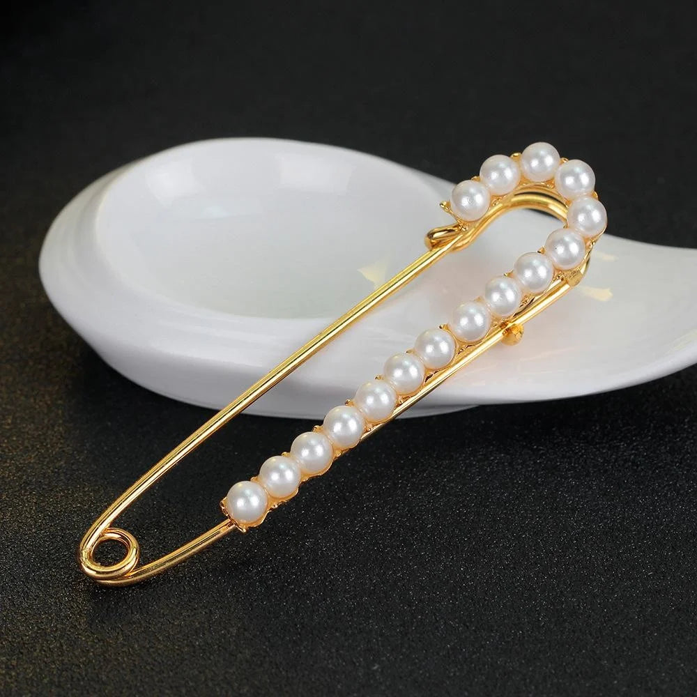 Elegant Gold Alloy Safety Pin Brooch With Faux Pearls, Vintage Sweater Scarf Buckle Lapel Pin Gift