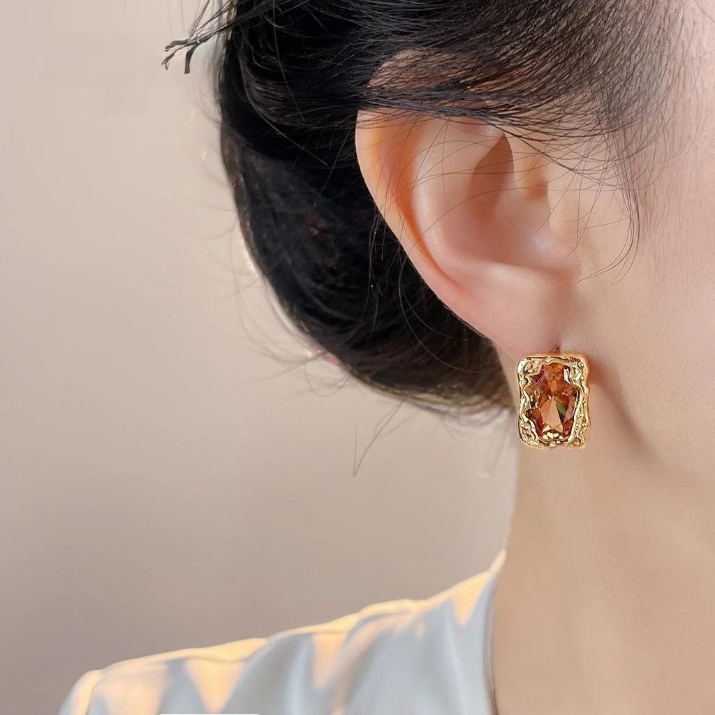 Luxury Light Coffee Champagne Liquid Geometric Rectangle Zircon Copper Stud Earrings