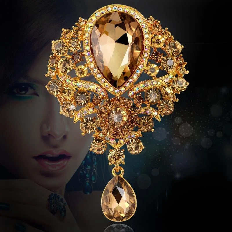 Luxury Rhinestone Alloy Glass Teardrop Brooch For Women, Elegant Lapel Pin Corsage Suit Accessory Gift