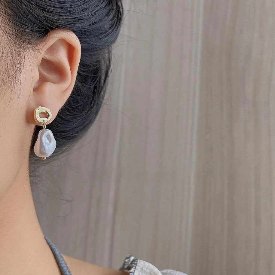 French Vintage 14K Gold Plated Copper Baroque Irregular Pearl Stud Earrings