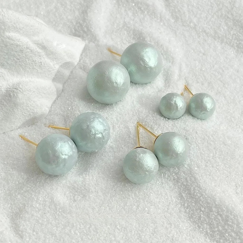 Lime Cream Snowflake Pearl Stud Earrings Round Geometric Minimalist Elegant Textured Jewelry