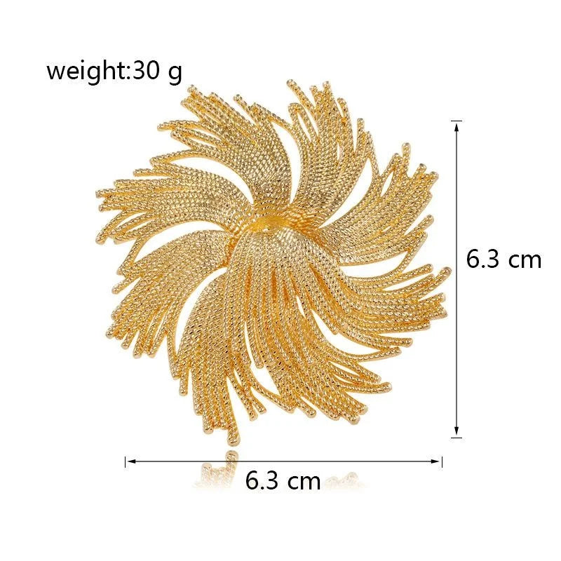 Luxury Gold Alloy Firework Flower Brooch, Textured Spiral Floral Lapel Pin Corsage Suit Accessory Gift