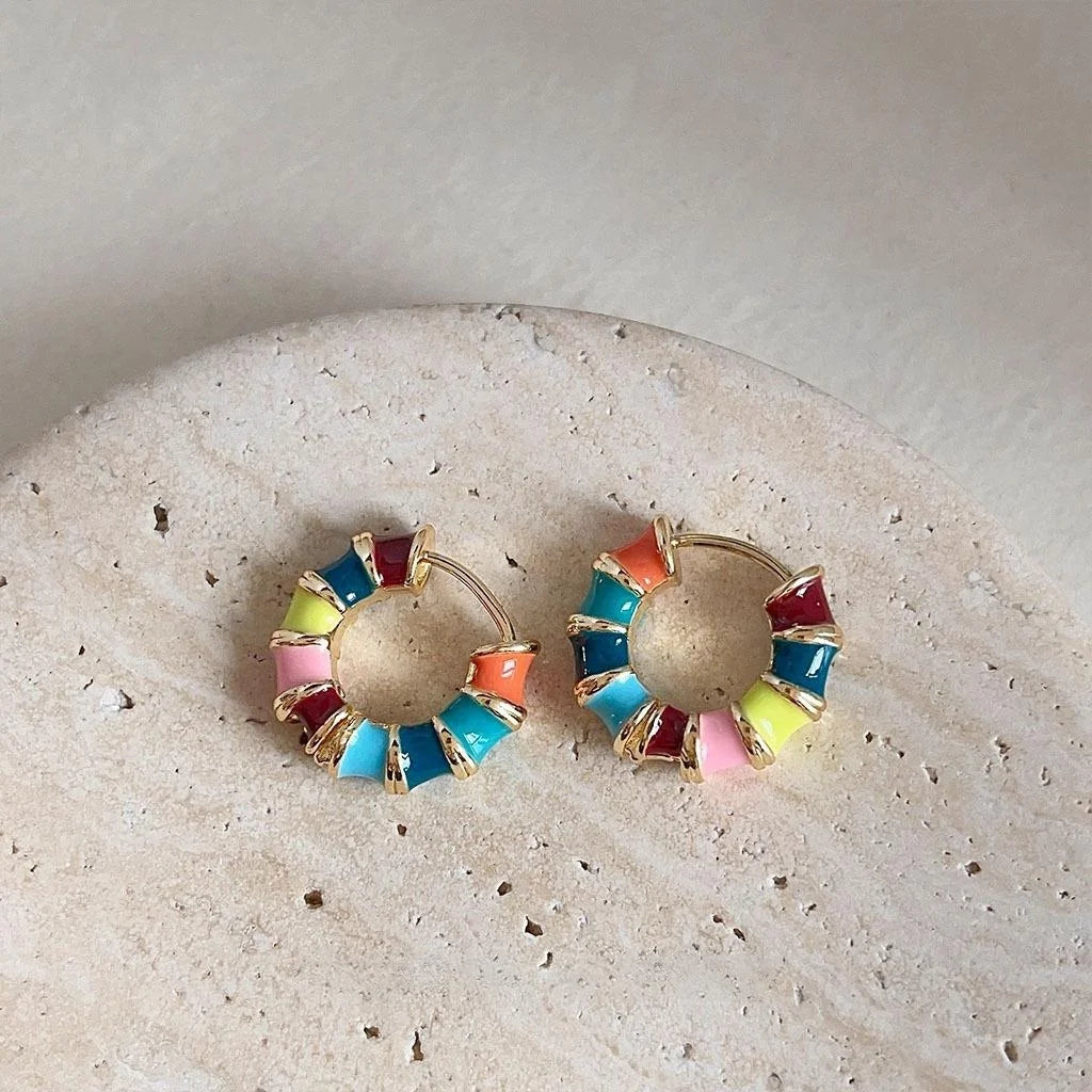 Ethnic Colorful Enamel Copper Hoop Stud Earrings Candy Color Geometric Jewelry