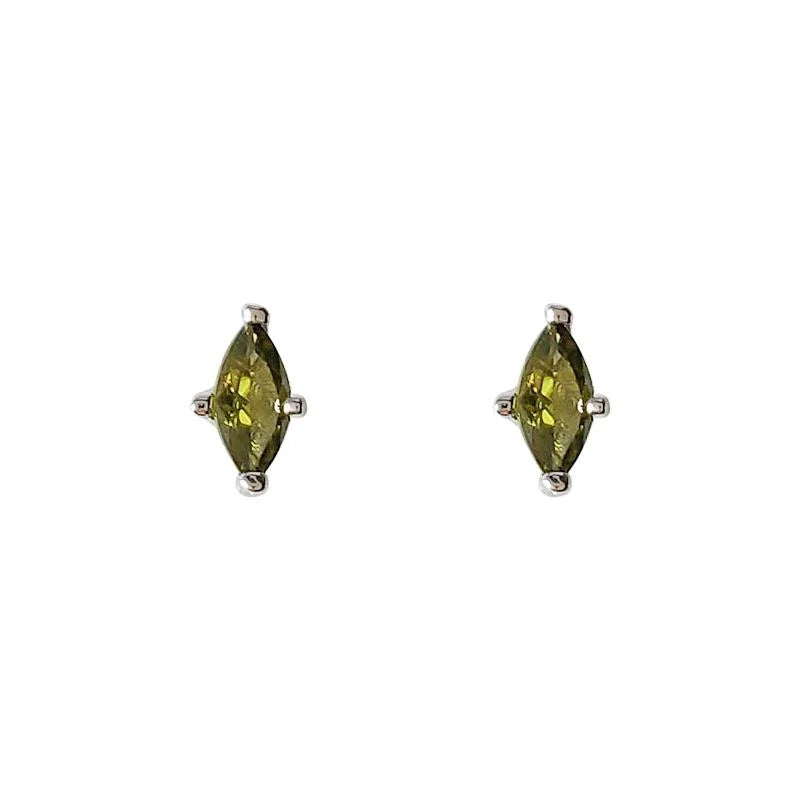 Olive Green Marquise Zircon Copper Stud Earrings Simple Geometric Line Jewelry