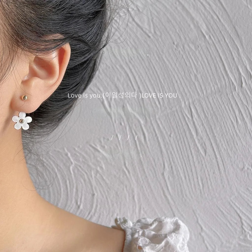 Korean Style Black White Acrylic Flower Back Hanging Stud Earrings With Copper Silver Plated Pins