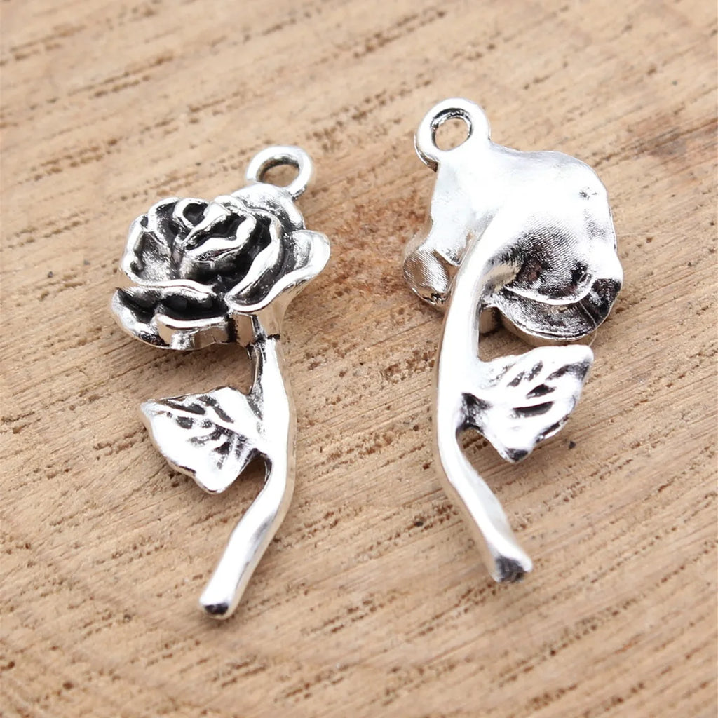 26x10mm 1.7g Antique Silver Finish Zinc Alloy Rose Flower Charm Pendant for Bracelet Necklace DIY