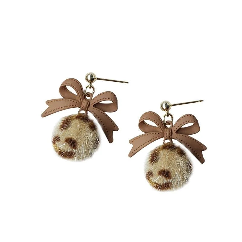 Silver Plated Needle Milk Coffee Big Bow Drop Earrings Winter Fluffy Leopard Fur Ball