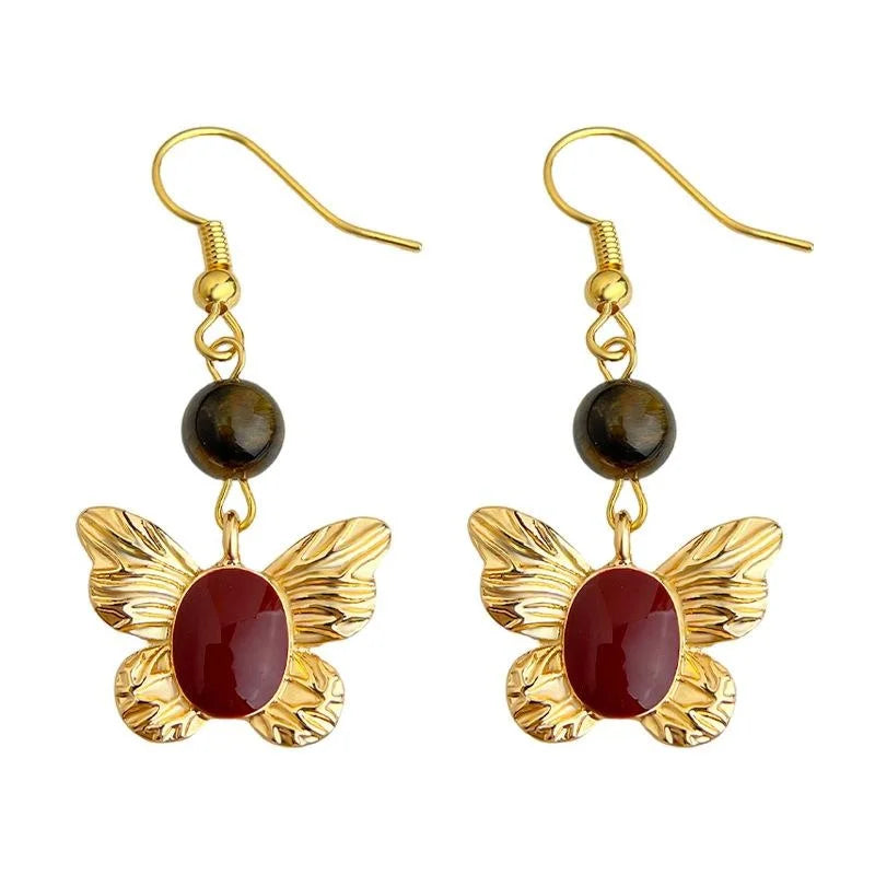 Vintage Hong Kong Style Burgundy Enamel Butterfly Tiger Eye Stone Drop Earrings for Women