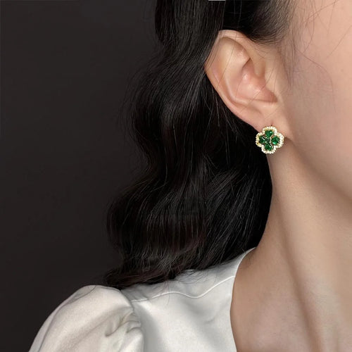 14K Gold Plated Copper Emerald Green Zircon Flower Geometric Stud Earrings Light Luxury