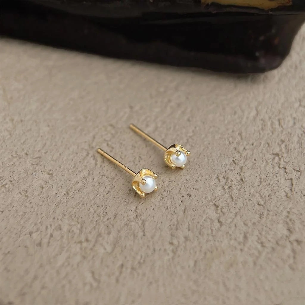 Mini Geometric Zircon Pearl Stud Earrings, Light Luxury Simple Student Style