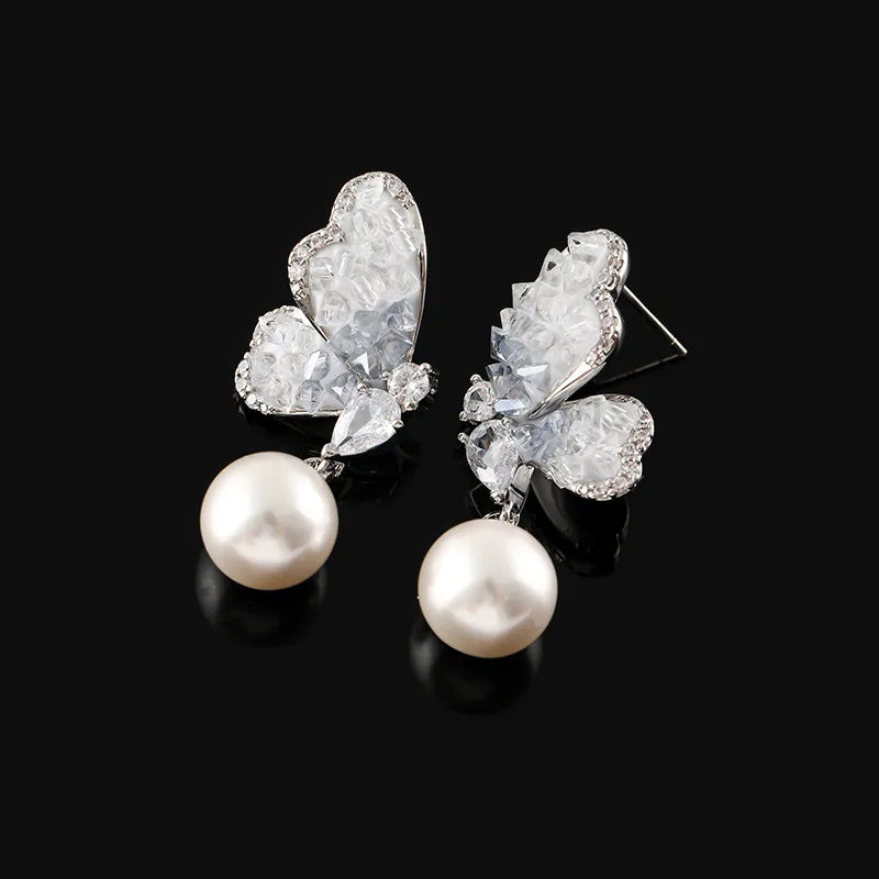 Elegant Blue Crystal Butterfly Pearl Drop Stud & Clip On No Piercing Luxury Rhinestone Earrings