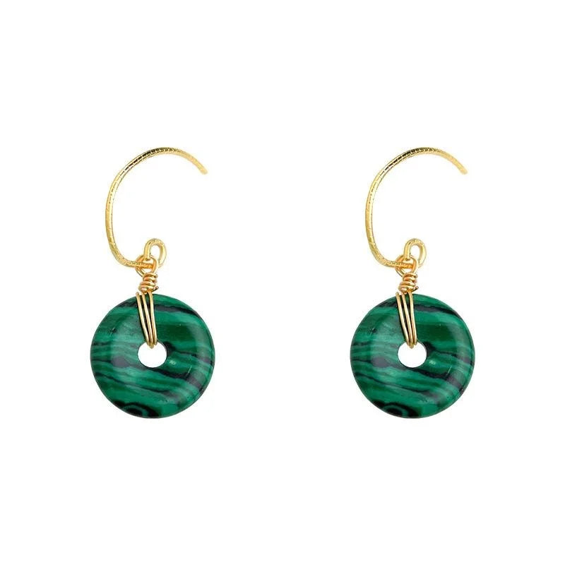 Vintage Ethnic Geometric Peace Buckle Synthetic Malachite Copper Drop Earrings