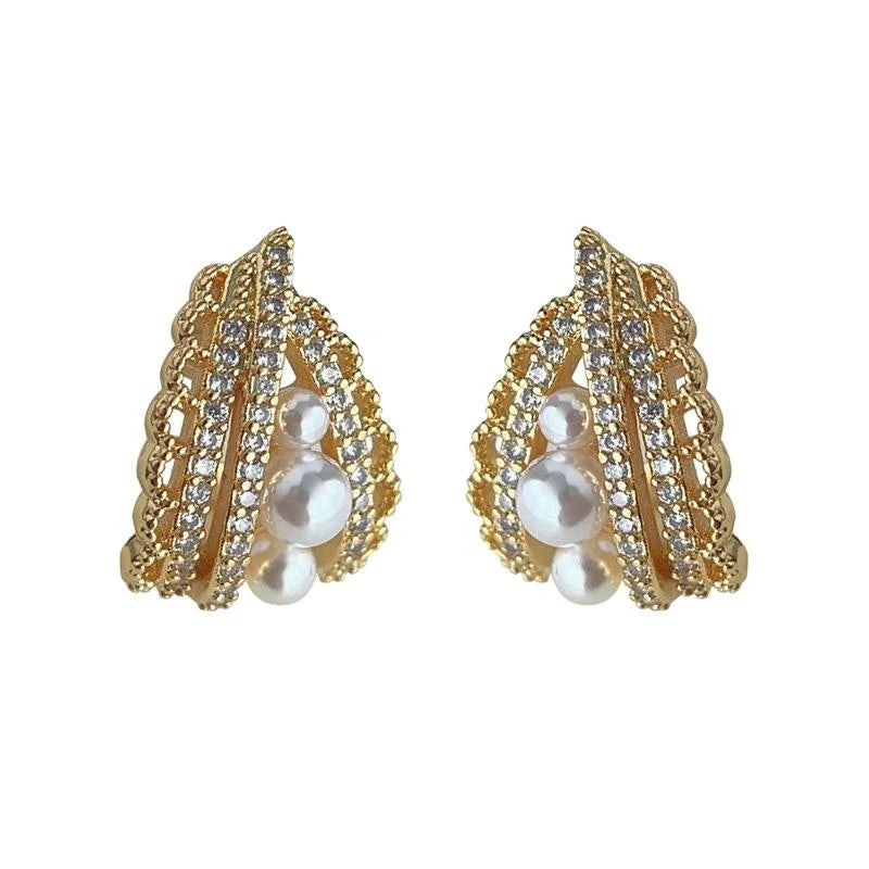 14K Gold Plated Micro Pave Zircon Pearl Drop Earrings French Elegant Hollow Lace Geometric Design