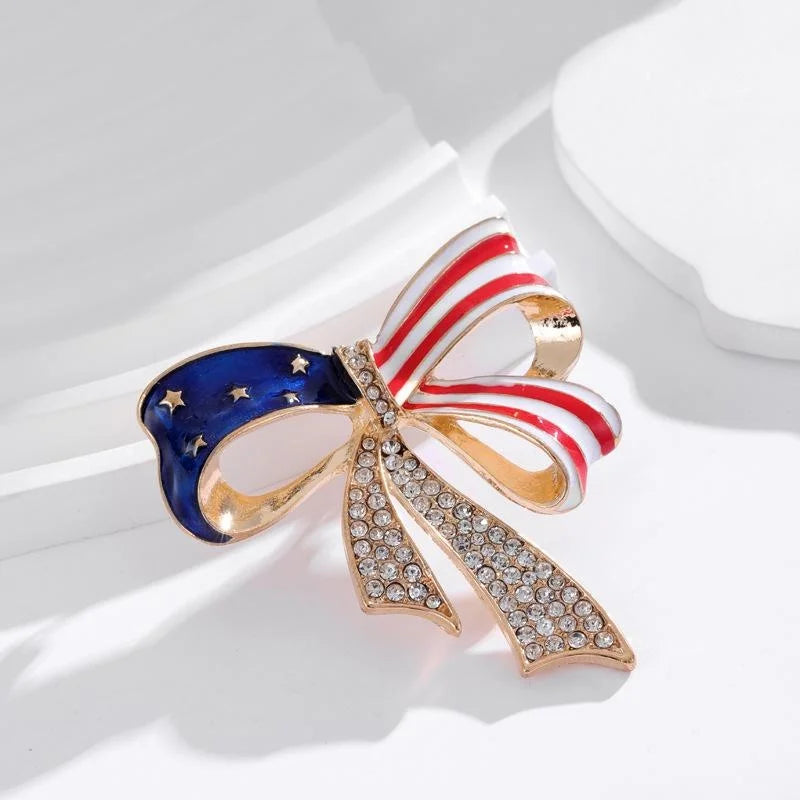 Elegant American Flag Bow Enamel Rhinestone Alloy Brooch For Women Lapel Pin Corsage Suit Accessory Gift