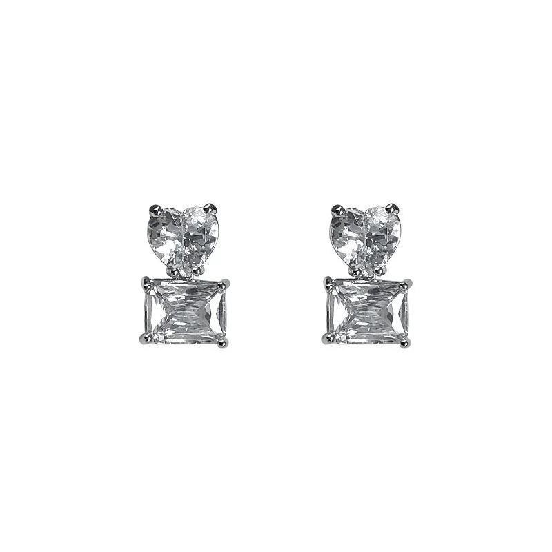 Luxury Copper Zircon Heart Geometric Square Stud Earrings Minimalist Commuter Jewelry
