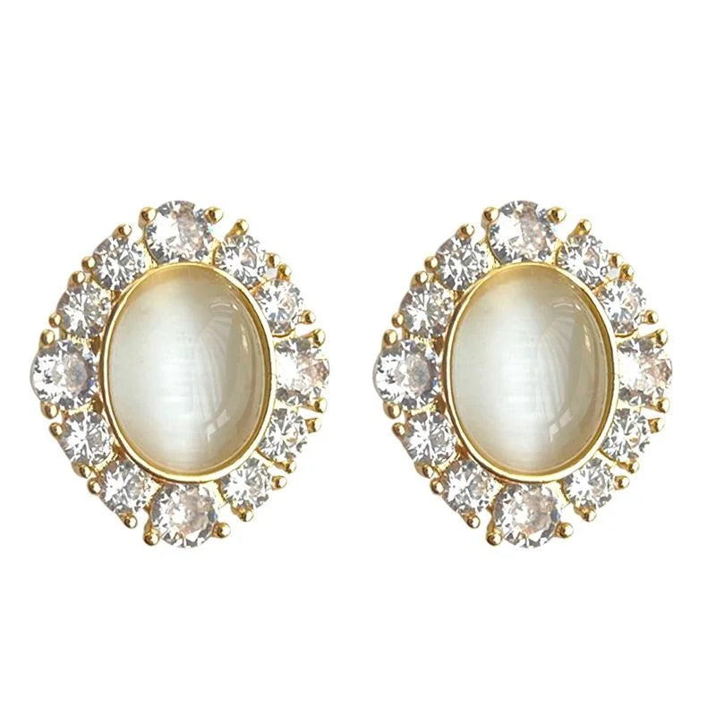 14K Gold Plated Copper Glass Cat Eye Stone Micro Pave Zircon Geometric Stud Earrings