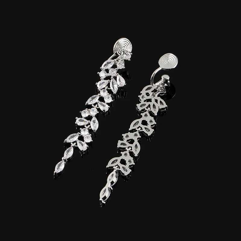 Luxury Zircon Spiral Marquise Leaf Tassel Stud & Clip On No Piercing Long Bridal Drop Earrings